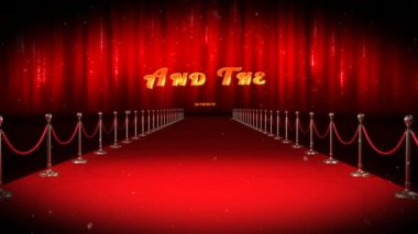 Karların düşüşünün animasyonu ve kazananlar kırmızı halı mekanında yazılı. eğlence, ödül töreni ve dijital olarak üretilen video konsepti.