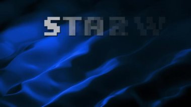 Mavi sıvı arkaplan üzerinde başlangıç metninin canlandırması. Video oyunu, dijital arayüz, iletişim ve eğlence konsepti dijital olarak oluşturuldu.