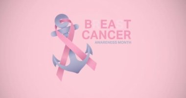 Animation of pink ribbon anchor logo and breast cancer text appearing on pink background. 