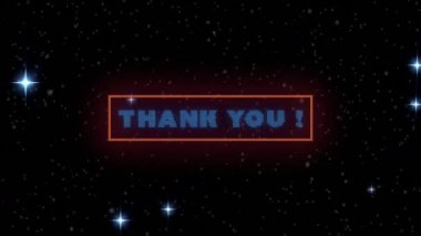 Teşekkür mesajının karlar üzerinde ve yıldızların siyah arka planda canlandırılması. Video oyunu, eğlence ve dijital arayüz kavramı dijital olarak oluşturuldu.