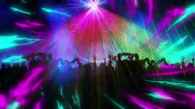 Kulüp binasındaki spot ışıklarının üzerinde dans eden insanların animasyonu. müzik ve eğlence konsepti dijital olarak oluşturulmuş video.