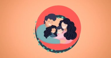 Kırmızı arka planda kucaklaşan mutlu aile animasyonu. Mutlu aile, sevgi ve destek konsepti dijital olarak oluşturulmuş video.