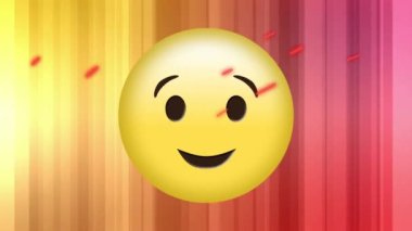 Renkli arka planda kırmızı ışıklar üzerinde mutlu emoji ikonu animasyonu. küresel sosyal medya ve iletişim konsepti dijital olarak oluşturulmuş video.