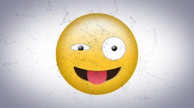 Digital animation of network of connections over silly face emoji on grey background. expression and communication concept