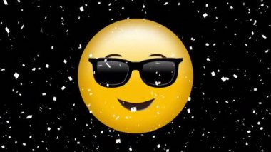Digital animation of confetti falling over face wearing sunglasses emoji against black background. expression and communication concept