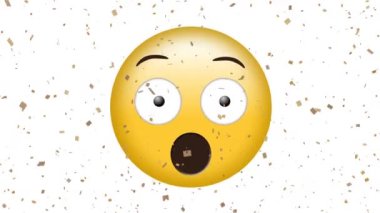 Beyaz arka planda düşen konfeti üzerine korkmuş emoji simgesi animasyonu. küresel sosyal medya ve iletişim konsepti dijital olarak oluşturulmuş video.