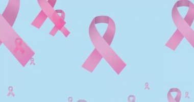 Animation of flying pink ribbon logo on blue background. breast cancer positive awareness campaign concept digitally generated video.