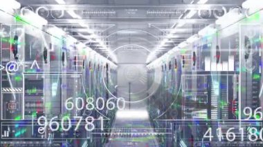 Bilgisayar sunucularındaki veri işleme ve tarama alanlarının animasyonu. küresel bağlantılar, dijital arayüz ve teknoloji konsepti dijital olarak oluşturulmuş video.