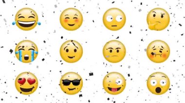 Konfetilerin beyaz arka planda 12 farklı emojinin üzerine düşüşünün animasyonu. küresel sosyal medya ve iletişim konsepti dijital olarak oluşturulmuş video.
