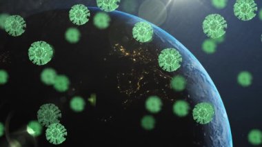 Mavi arka planda dönen dünyanın üzerinde yüzen çoklu yeşil covid-19 hücreleri. Coronavirus covid-19 salgın konsepti