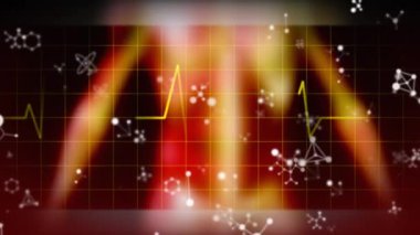 Şebeke üzerinde kalp atış hızı monitörü ve moleküllerinin animasyonu. küresel bilim, dijital arayüz ve veri işleme kavramı dijital olarak oluşturulmuş video.