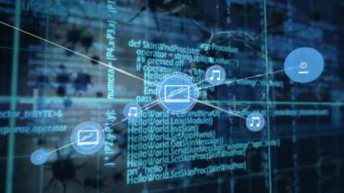 Mavi zemin üzerinde çoklu covid-19 hücrelerine karşı dijital simge ve veri işleme ağı. Coronavirus covid-19 salgın konsepti