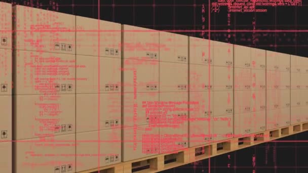 倉庫内のコンベアベルト上の段ボール箱上のデータ処理のアニメーション 世界中の配送 ビジネス データ処理 デジタルインターフェースの概念をデジタルで生成 Vide — ストック動画