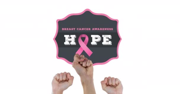 带有乳腺癌文字的粉色丝带标识的动画高举拳头 乳腺癌认识运动概念数字化生成的视频 — 图库视频影像