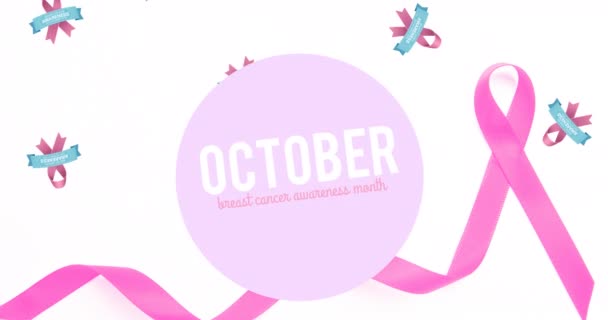 乳がんテキストの上に複数のピンクリボンロゴのアニメーション白の背景に 乳がん認知キャンペーンのコンセプトデジタル生成ビデオ — ストック動画