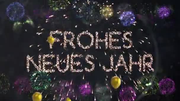 Animation Von Feuerwerkskörpern Und Luftballons Über Frohem Neujahrstext Auf Schwarzem — Stockvideo