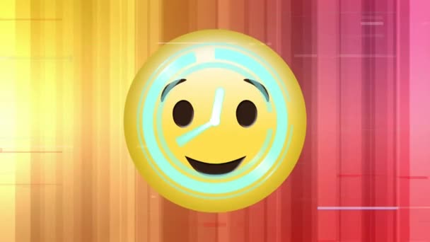 Neon Digitaluhr Tickt Über Zwinkerndem Gesicht Emoji Vor Buntem Gradienten — Stockvideo