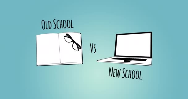 Animatie Van Old School Nieuwe Schooltekst Digitale Iconen Blauwe Achtergrond — Stockvideo