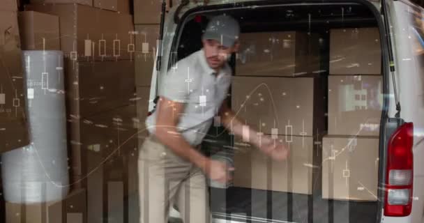 倉庫の外に車をロード配達人以上の財務データ処理のアニメーション 世界中の出荷 接続の概念デジタル生成ビデオ — ストック動画