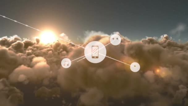 Анімація Мережі Язків Піктограмами Над Хмарами Глобальний Бізнес Язки Цифровий — стокове відео