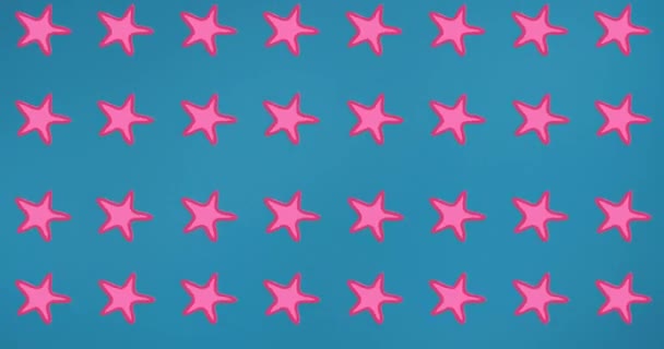 Animation Rows Pink Starfish Blue Background Nature Tropical Fish Summer — Stock Video
