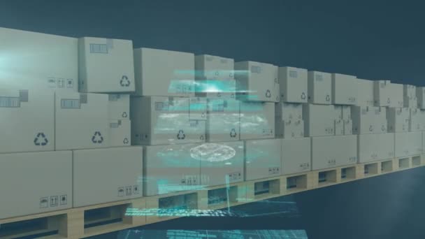 倉庫内のコンベヤベルト上の段ボール箱上のデータ処理のアニメーション — ストック動画