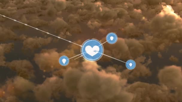 Animacja Sieci Połączeń Ikonami Nad Chmurami Niebem Globalne Połączenia Internetowe — Wideo stockowe