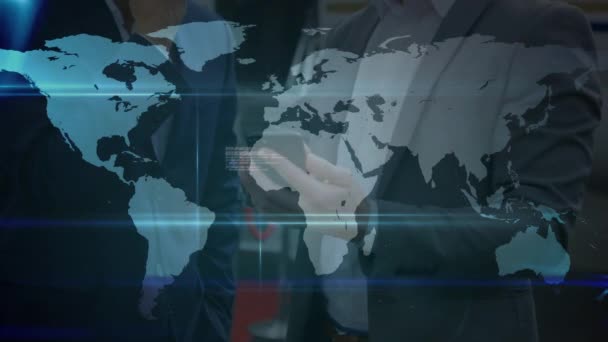 Animering Nätverk Anslutningar Över Världskartan Och Affärsmän Globala Affärer Resor — Stockvideo