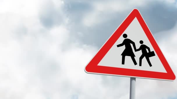 Pedestrian Crossing Sign Board Post Clouds Blue Sky Warning Caution — Stock Video