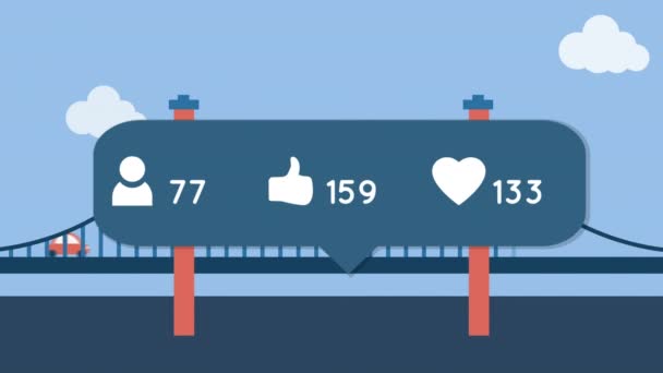 Animação Ícones Mídia Social Com Números Crescentes Sobre Ponte Passagem — Vídeo de Stock