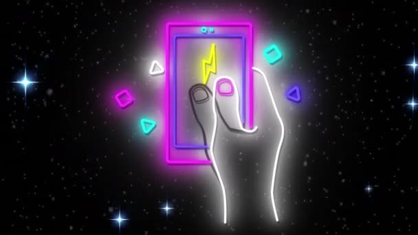 Animation Einer Neonfarbenen Hand Die Ein Smartphone Über Schnee Und — Stockvideo