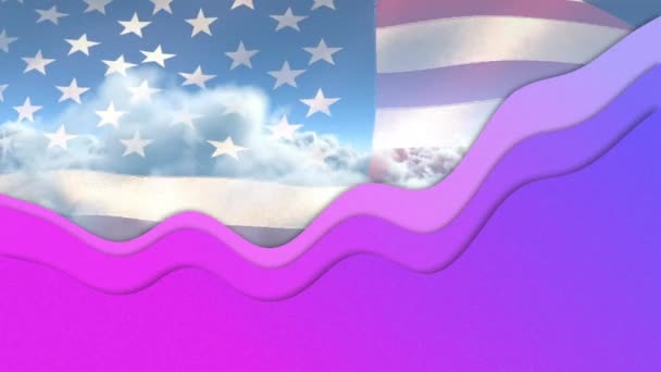Animace Fialových Vln Nad Americkou Vlajkou Mraky Oblohou Vlastenectví Zpracování — Stock video