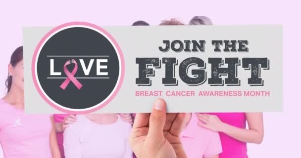 用粉红丝带标识和乳腺癌文字在一组不同的女性身上进行动画创作 乳腺癌认识运动概念数字化生成的视频 — 图库视频影像
