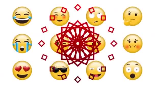 Animación Digital Diseños Decorativos Rojos Sobre Múltiples Emojis Faciales Sobre — Vídeos de Stock