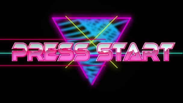 Animatie Van Pers Start Tekst Roze Metallic Letters Neon Lijnen — Stockvideo