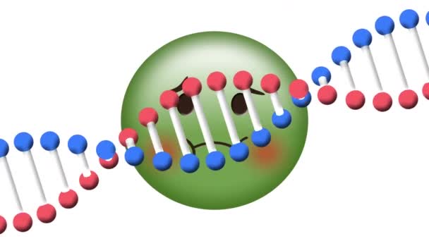 Animação Fita Dna Girando Sobre Emoji Doente Sobre Fundo Branco — Vídeo de Stock