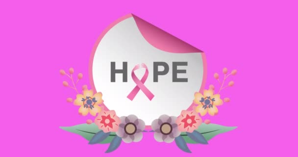 Animación Del Logotipo Cinta Rosa Con Texto Cáncer Mama Flores — Vídeos de Stock