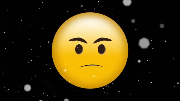 Animação Digital Partículas Brancas Flutuando Sobre Emoji Rosto Irritado Contra — Vídeo de Stock