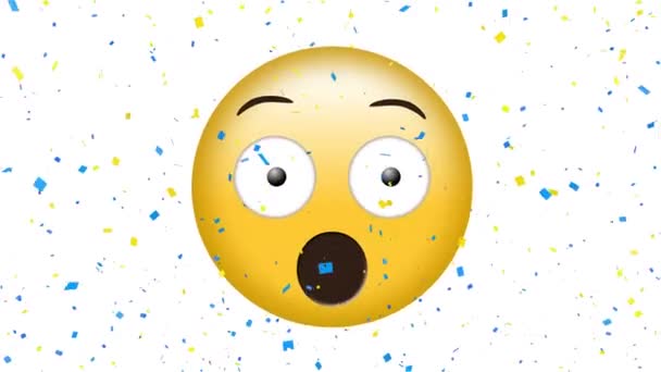 Animatie Van Bang Emoji Icoon Vallende Confetti Witte Achtergrond Mondiaal — Stockvideo