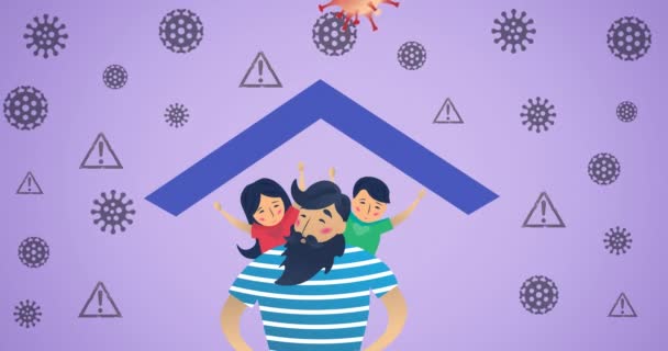 ウイルスのアイコンを受け入れる家族の構成 幸せな家族愛と支援の概念デジタル的に生成されたイメージ — ストック動画