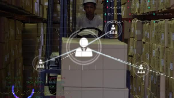 Animação Rede Conexões Com Ícones Sobre Homem Que Trabalha Armazém — Vídeo de Stock