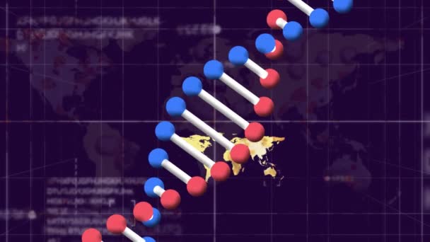 Animación Cadena Adn Giratorio Sobre Procesamiento Datos Mapa Del Mundo — Vídeo de stock