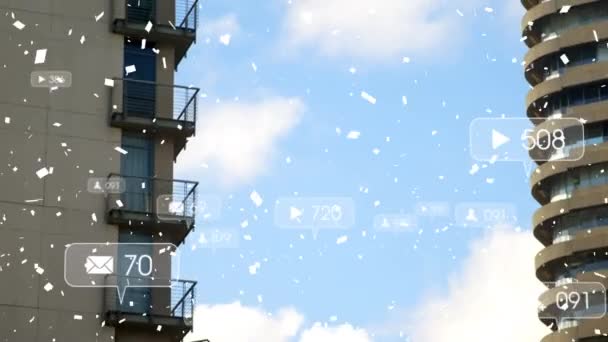 Confetti Falling Social Media Icons Multiple Speech Bubbles Floating Tall — Stock Video