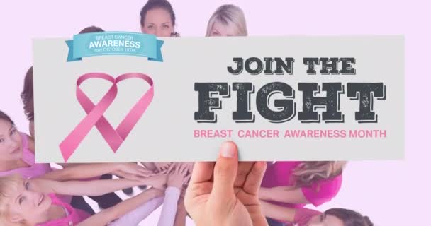 Animation Pink Ribbon Logo Breast Cancer Text Group Diverse Group — Stock Video