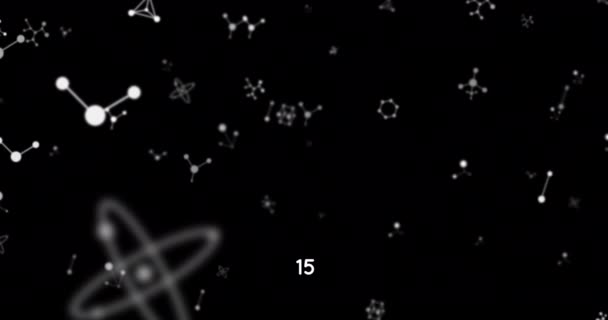 Цифровая Анимация Возрастающих Чисел Над Молекулярными Структурами Плавающих Черном Фоне — стоковое видео