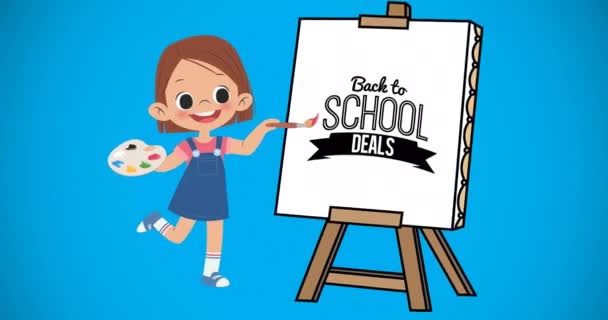 Animation Digital Schoolgirl Painting Back School Text Easel Blue Background — Stock Video