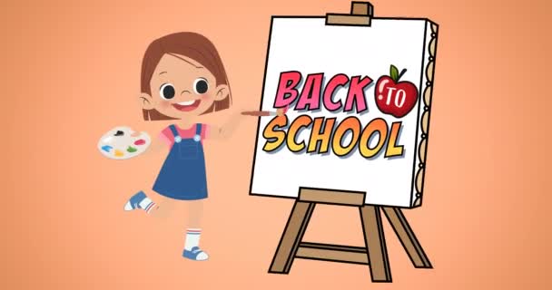 Animering Digital Skolflicka Målning Tillbaka Till Skolan Text Staffli Orange — Stockvideo