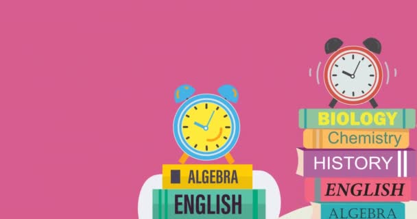 Animación Libros Digitales Iconos Del Reloj Sobre Fondo Rosa Escuela — Vídeos de Stock