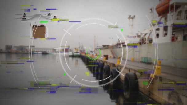 Animáció Szkennelés Digitális Drón Felett Dokkok Globális Kapcsolatok Digitális Interfész — Stock videók