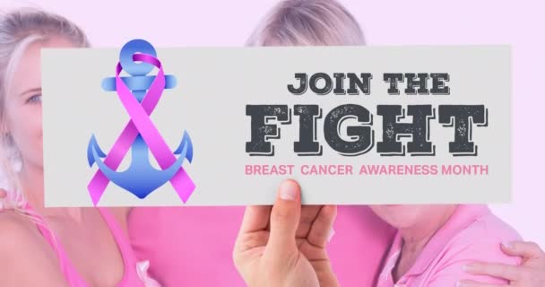 粉红丝带锚和乳腺癌文字在不同女性群体上的动画效果 乳腺癌认识运动概念数字化生成的视频 — 图库视频影像